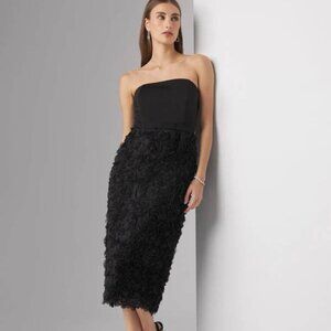 NEW WHBM Women’s Strapless Sheath Dress Black 3D Floral Midi Size 8